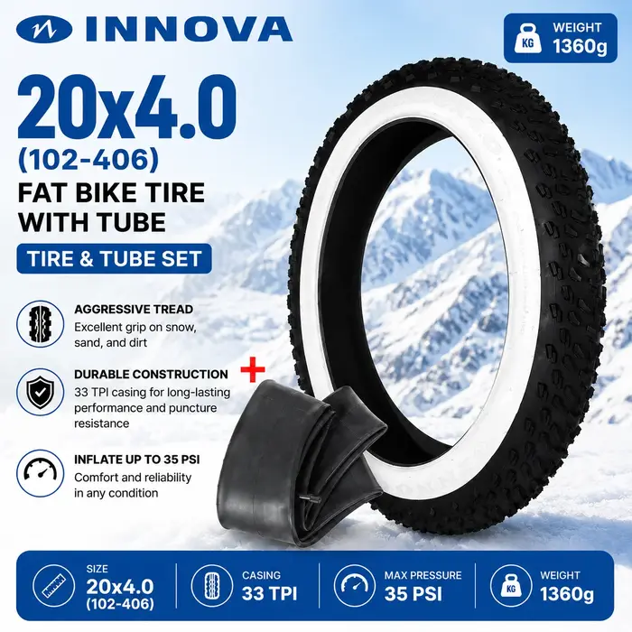 Pneu de vélo électrique Fat Bike INNOVA LV-1003 20x4.0 avec flanc blanc pour neige et plage usage VTT ou croiseur