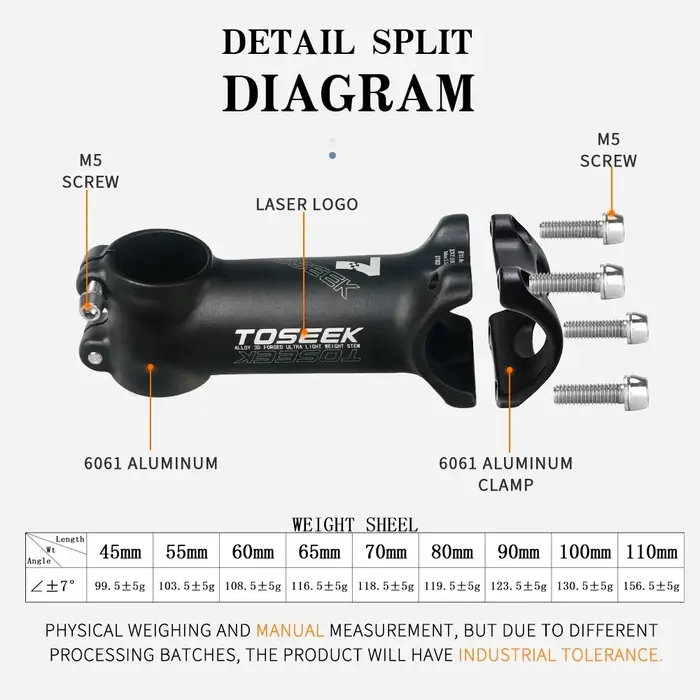 TOSEEK tige de vélo en aluminium ultralégère 7 degrés