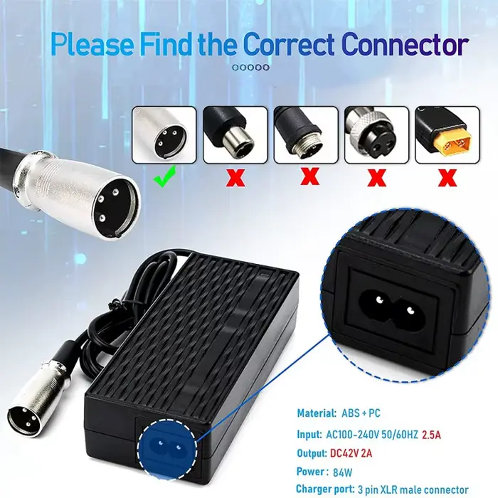Chargeur de vélo électrique 42V XLR 3 broches pour batterie lithium 36V haute performance blanc pour scooter et vélo urbain