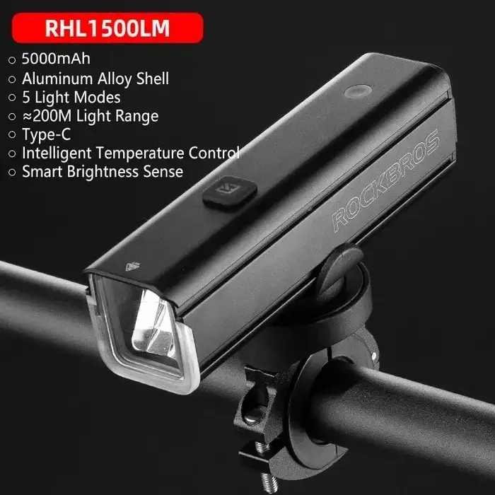 ROCKBROS lumière de vélo 1500LM5000mAh type-c lumière de vélo contrôle de température IPX6 aluminium