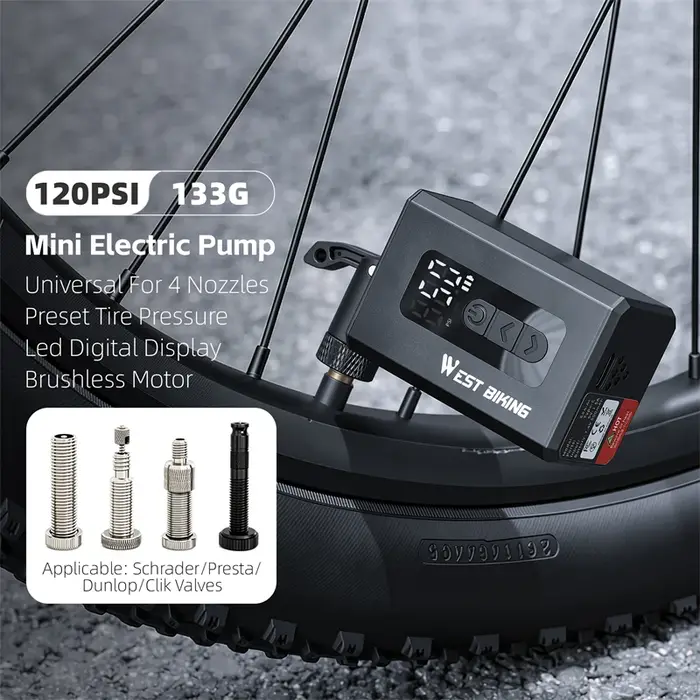 Pompe à vélo électrique miniature WEST BIKING 120 PSI, gonflage rapide avec pression prédéfinie pour valves Presta, Schrader, Dunlop et Clik