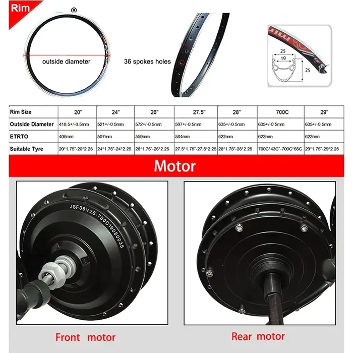 Roue de vélo électrique avec moteur brushless 36V 48V 250W 350W 500W, roue avant ou arrière pour Bicicleta Electrica