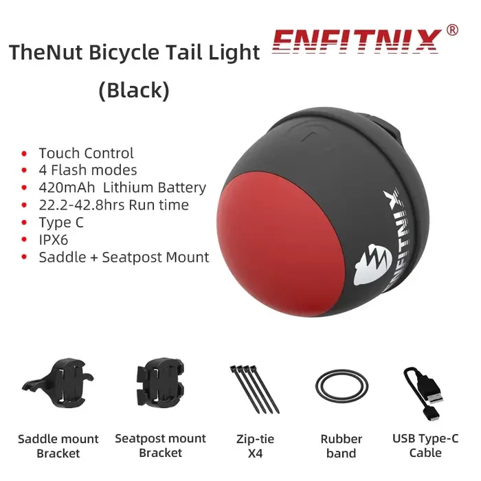 ENFITNIX nouveau feu arrière de vélo TheNut ultra léger clignotant VTT conduite de nuit voyant d'avertissement de charge équipement de cyclisme