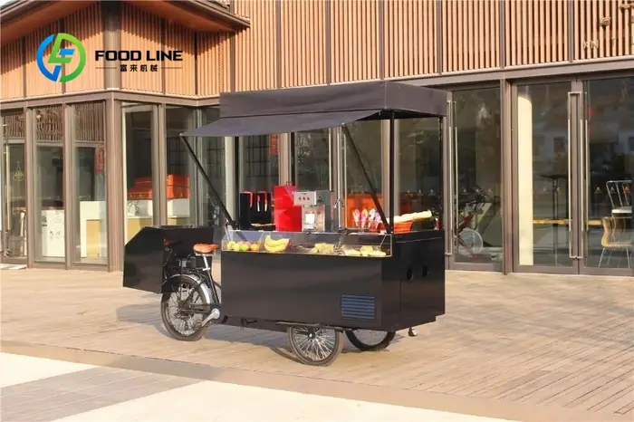 Tricycle électrique à 3 roues mobile pour vente de nourriture boissons et snacks extérieur coloris brun avec moteur 500w