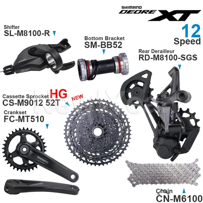 Groupe de transmission SHIMANO DEORE XT M8100 12 vitesses SL-M8100 RD-M8100 FC-MT510 et cassette pig