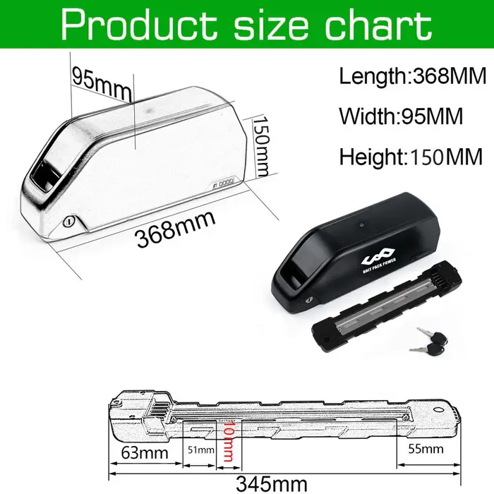 Batterie de Vélo Électrique 21700 Downtube Polly 72V 60V 52V 48V 24Ah 36V 30Ah 25Ah 15Ah pour Moteur 2000W 1500W 1000W 750W 350W