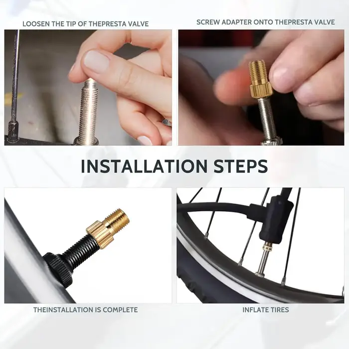 Adaptateur de assujetPresta en laiton (lot de 5 + 10 capuchons)-Convertir Presta en Schrader pour tous les types de