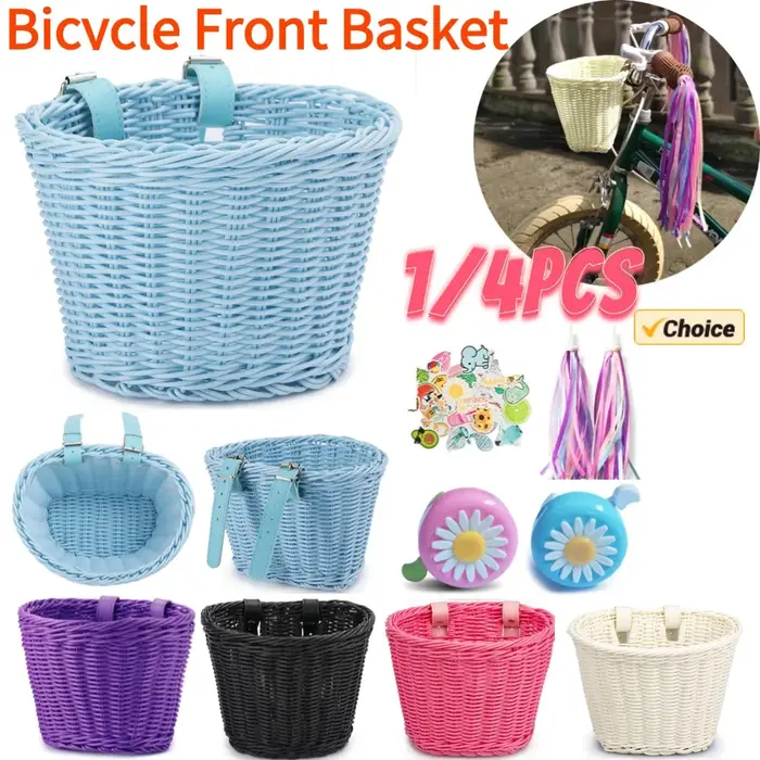 1/4 pièces Pe rotin osier vélo panier avant + cloche + gland + autocollant