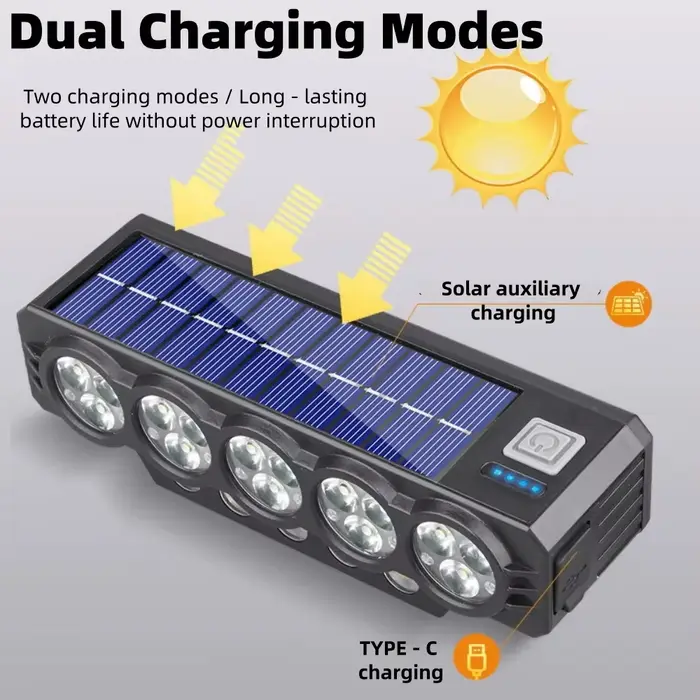 Feu avant de vélo solaire haute luminosité XPE avec 20 LED et klaxon pour VTT et ville étanche rechargeable USB Type-C