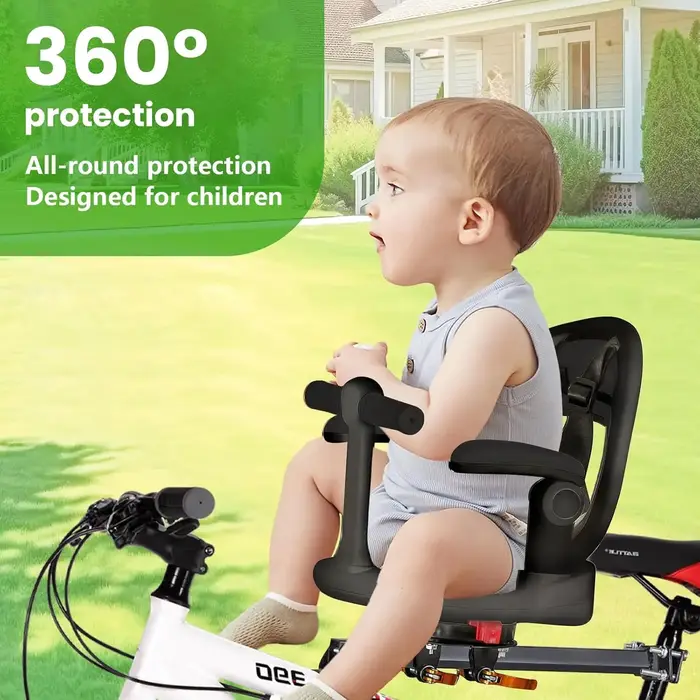 Siège de vélo pour enfant monté à l'avant, siège enfant pour VTT, 360 °   Siège pivotant, dégagement rapide, avec repose-pieds, accoudoirs, protection