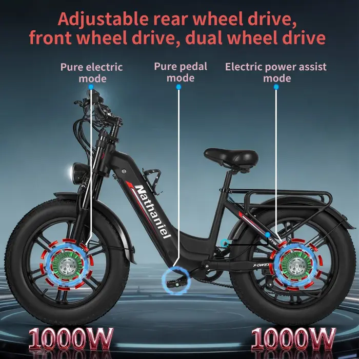 Vélo électrique 20 pouces, 2 moteurs 1000W, batterie amovible 48V 20Ah, vélo électrique 50 km/h pour adultes, VTT avec Shimano 7 vitesses