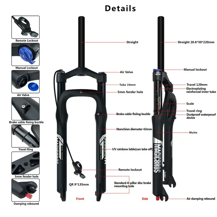 MAGICBROS fourche de vélo électrique Suspension pneumatique 20 26 pouces 4.0