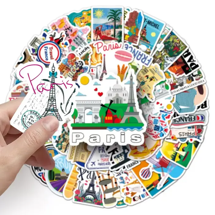 50 autocollants mignons de voyage France Paris, esthétiques, avec la Tour Eiffel et paysages, pour moto, bagages, guitare, jouet pour enfant