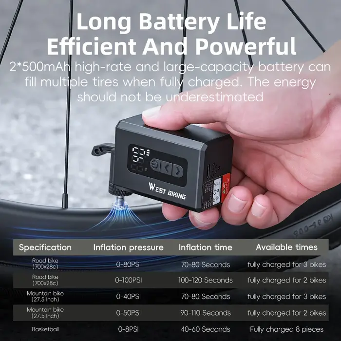 Pompe à vélo électrique WEST BIKING, 4 embouts, valve Clik, compresseur d'air portable, 120 PSI, affichage numérique, moteur sans balais, vélo de route
