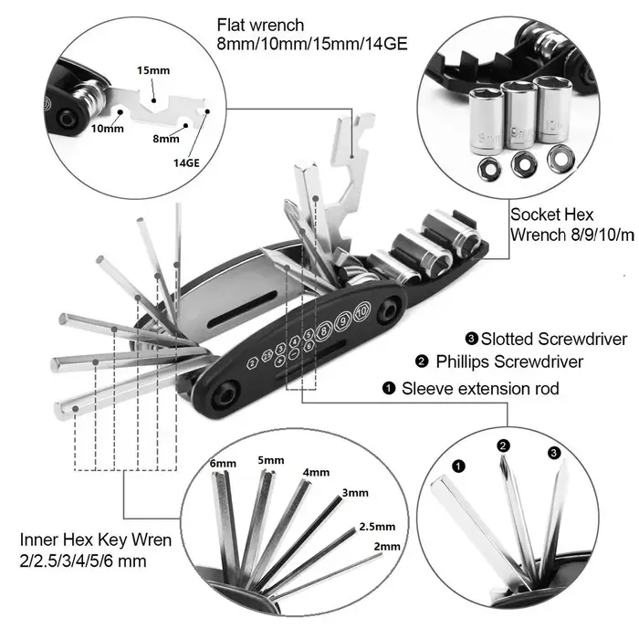 Kits d'outils de réparation de vélo 16 en 1