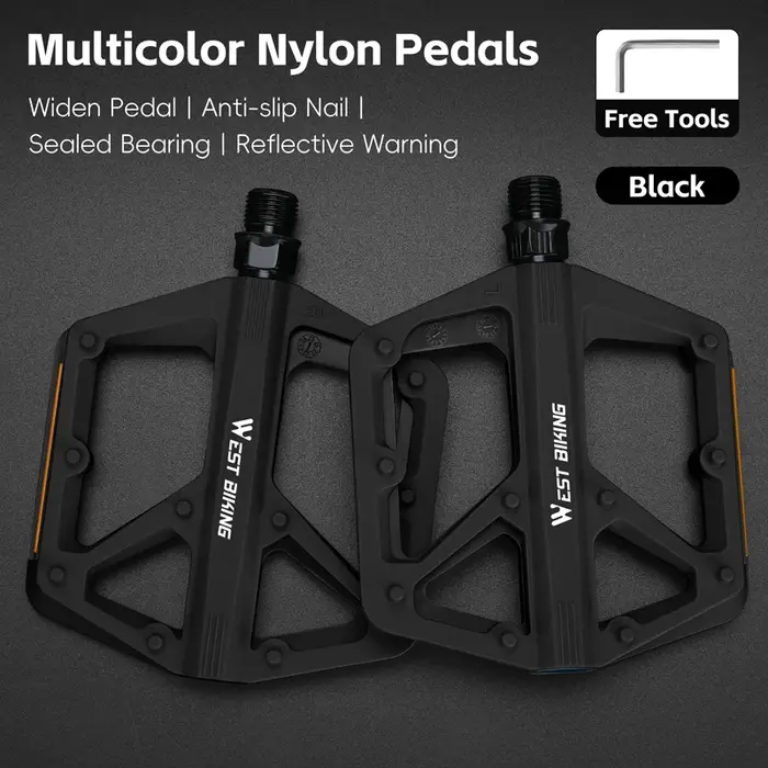 Pédales de vélo multicolores en nylon WEST BIKING avec roulement DU, antidérapantes, réfléchissantes