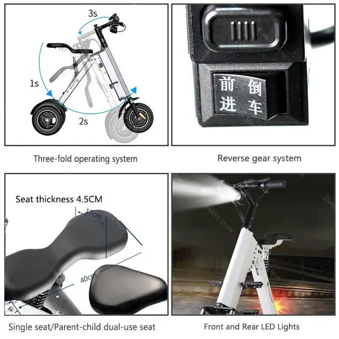Scooter électrique pliant adulte 3 roues léger avec 2 sièges 350w 36v blanc/gris Mini Tricycle électrique voyage pour la famille