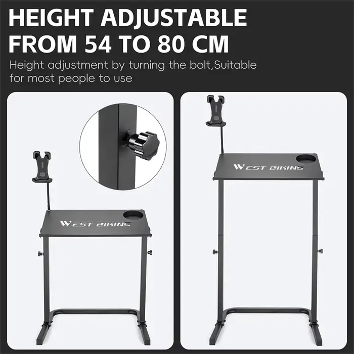 Bureau de cyclisme en acier carbone noir avec hauteur réglable et surface antidérapante pour entraîneur de vélo et support ordinateur portable à domicile