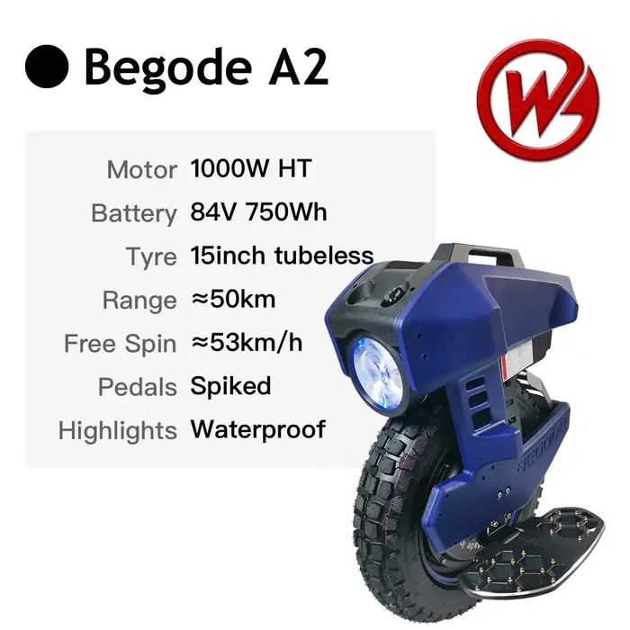 BEGODE A2 monocycle électrique 15 pouces Tubeless 1000W 84V 750Wh BGD EUC monocycle électrique roue