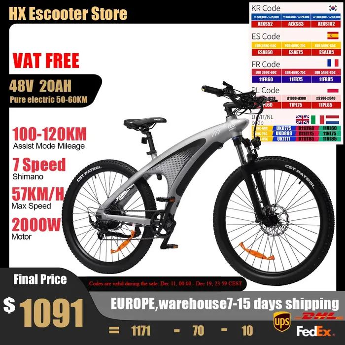 HX Q5 Ebike 2000W adultes vélo électrique 85Nm 57 KM/H