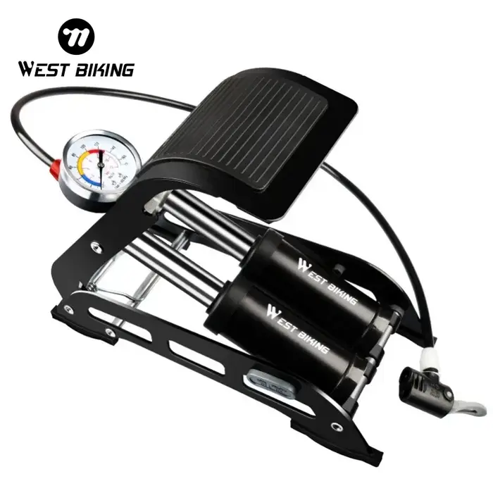 Pompe à pied haute pression WEST BIKING à double cylindre 170 PSI avec manomètre pour moto et vélo