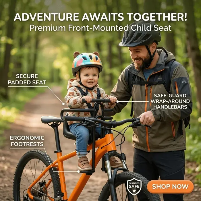 Siège enfant avant pour vélo VTT avec accoudoirs et pédales
