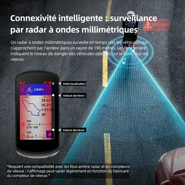 Feu arrière radar CYCLAMI LA150 pour vélo, feu stop intelligent, avertisseur de freinage, rechargeable, étanche IPX6, lampe arrière de sécurité pour cyclisme