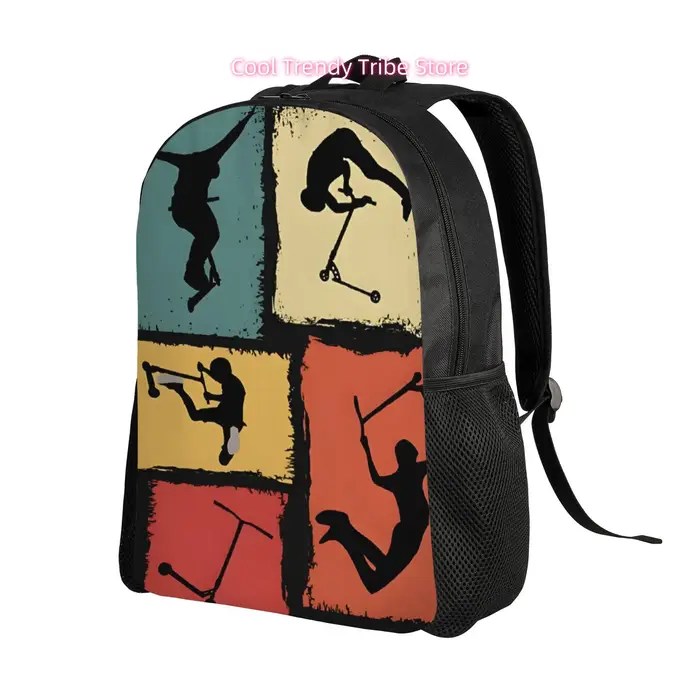 Trucs quotidiens pour une trottinette freestyle, accompagnés d'un sac à dos décontracté au design plat et élégant, parfait pour Stro