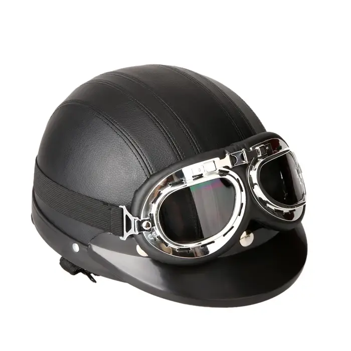 Casque demi-cuir à visage ouvert pour moto et Scooter, avec visière, lunettes UV, Style rétro Vintag