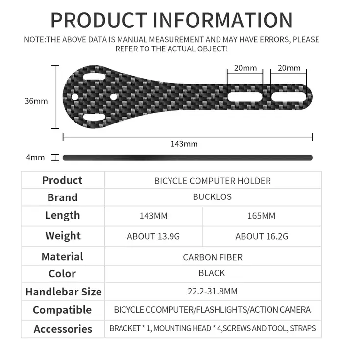 BUCKLOS support d'ordinateur de vélo en Fiber de carbone 143mm 165mm