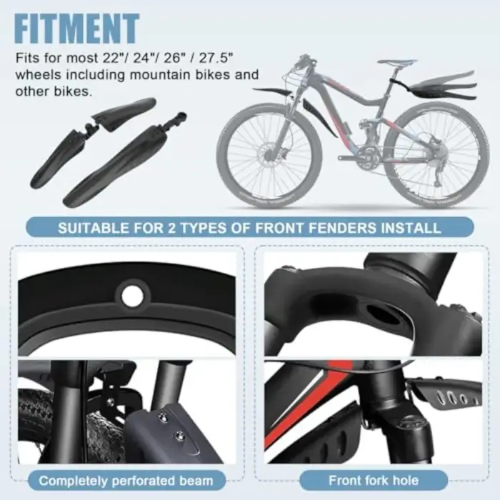 Ensemble de garde-boue de vélo avant et arrière en PP noir robuste et réglable pour VTT et route 22-27,5 pouces protection contre la boue