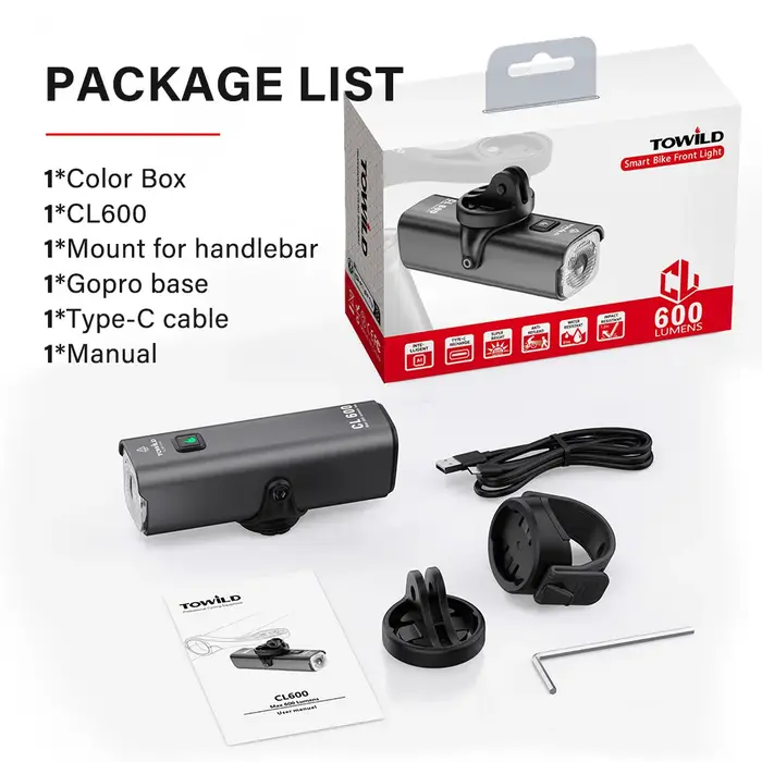 TOWILD CL600S vélo lumière avant lampe 600 lumens USB Rechargeable LED 2600mAh