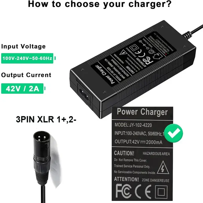 Chargeur de vélo électrique avec pipeline 42V, 3 broches XLR, pour Swagtron EB6 Fat-Tire, Heybike Citydele, angiBike, EcoaccelerStarfish DolDave Peacedove