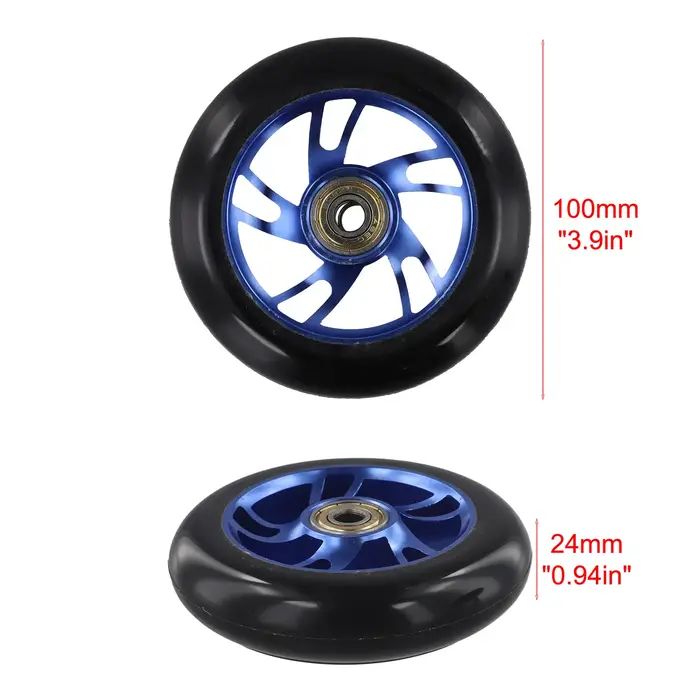 2 roues de trottinette acrobatique bleues de 100 mm avec moyeu en alliage d'aluminium