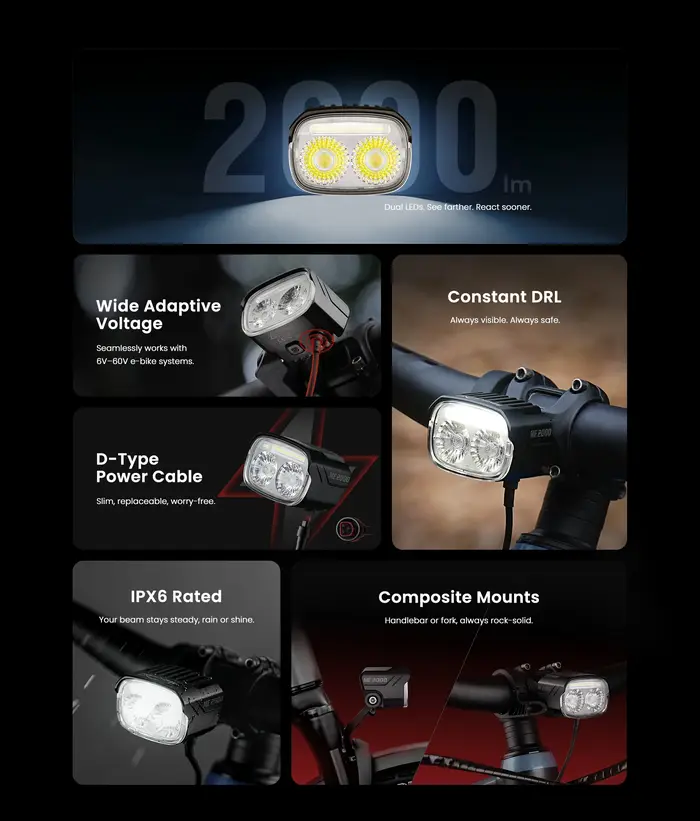 Phare avant pour vélo électrique Magicshine ME 2000 V2.0 haute puissance 2000 lumens en alliage d'aluminium étanche IPX6 pour moteurs Bosch Shimano Brose Yamaha