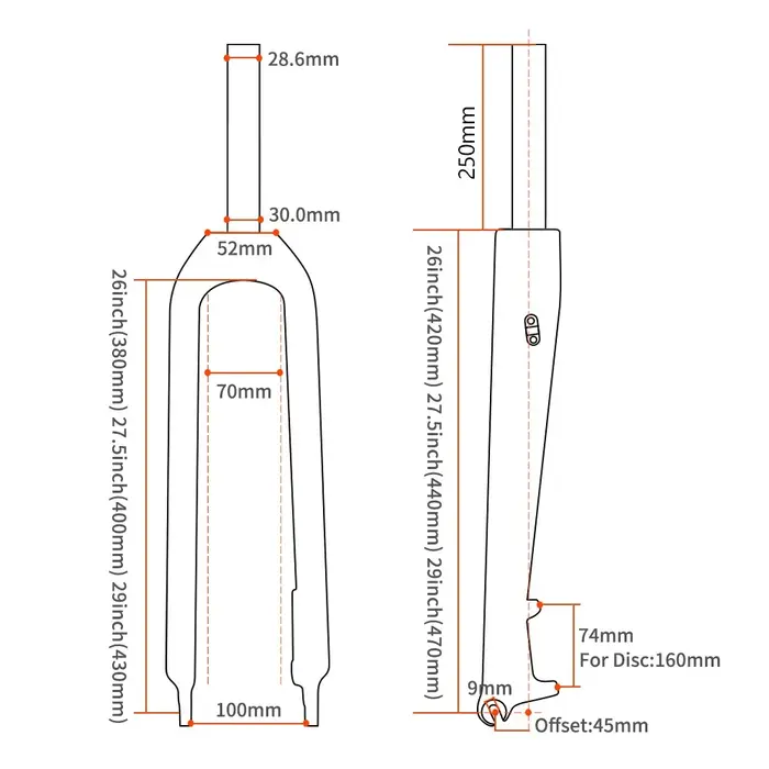 Fourche de vélo de montagne KOCEVLO 26/27.5/29 pouces, 3k carbone intégral, tube avant droit rigide
