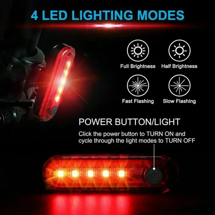 Feu arrière de vélo LED rechargeable par USB avec 4 modes d'éclairage rouge ou jaune pour sécurité cyclisme nocturne et montage facile sur guidon ou casque