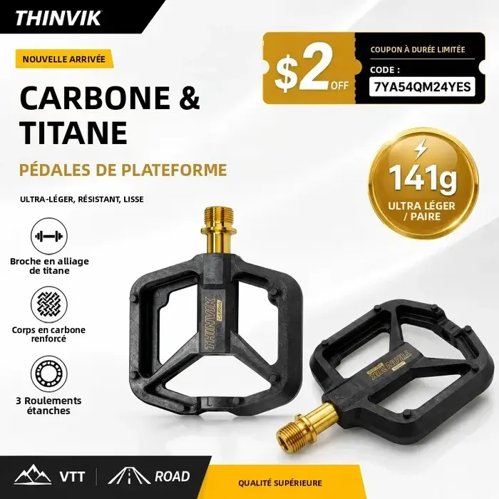 THINVIK Pédales de vélo plates ultralégères en fibre de carbone 141g avec axe en titane 3 roulements plateforme plate antidérapante pour vélos de route VTT