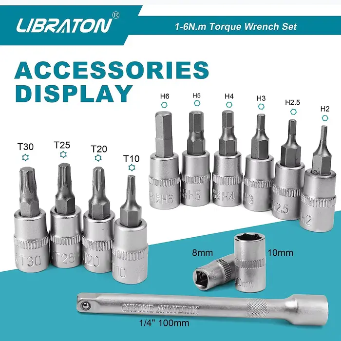 Clé dynamométrique pour vélo 1/4 ''1-6Nm, 0.05 Nm Micro, jeu de clés dynamométriques à clic d'entraînement, douilles hexagonales Torx/étoile, barre d'extension