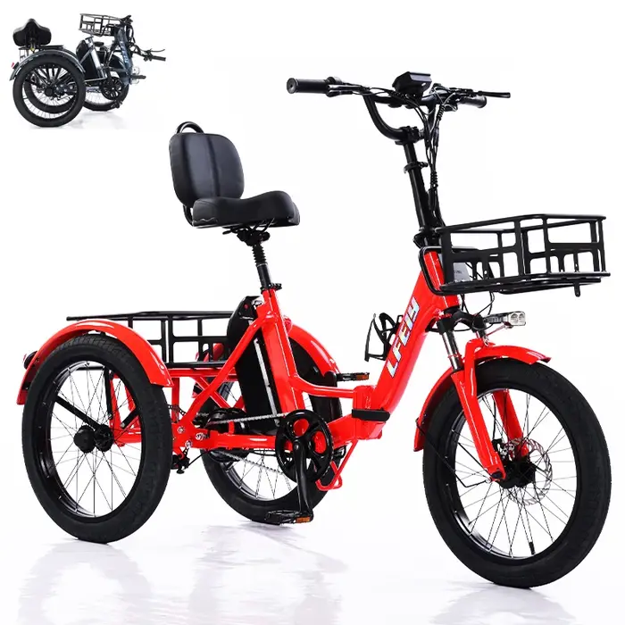 Vélo électrique Cargo 3 roues pliant homme adulte hors route montagne avec 2 paniers/siège réglable 350W gros pneu