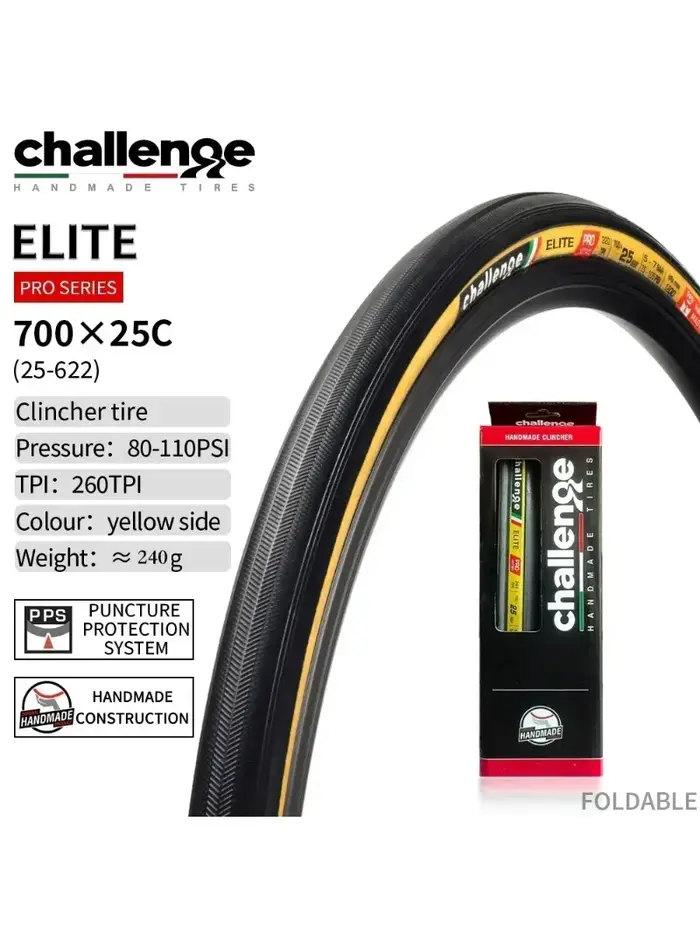 Pneu de vélo de route Challenge Elite 700x25C 260TPI Fabriqué en Italie 700C