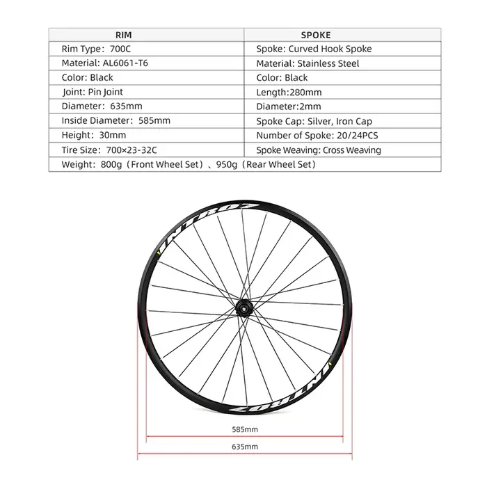POLSO 700C - Jeu de roues de vélo à pignon fixe 20/24H en alliage d'aluminium avec frein à étrier