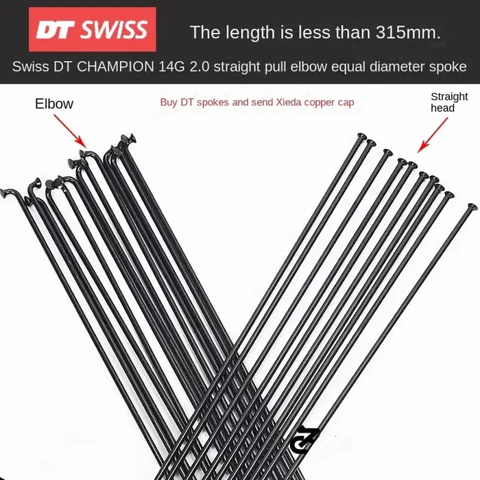 Rayons de vélo DT Swiss Champion 2.0 J-bend / Straight Pull Head, noirs, pour VTT et vélo de route, 