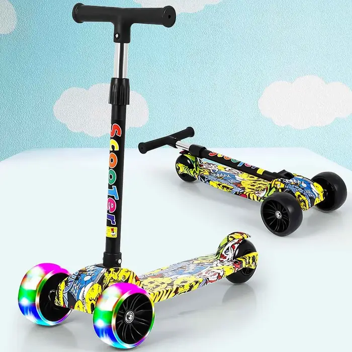 Trottinette Pliante à 3 Roues avec LED pour Enfant, Vélo d'Équilibre Réglable, Planche à Roulettes, Jouet de dehors