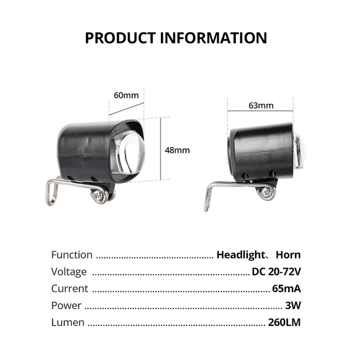 Phare de vélo électrique 3W avec klaxon - DC 20 - 72V