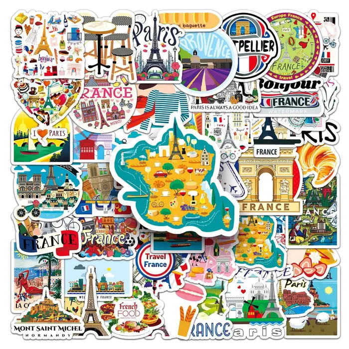50 autocollants mignons de voyage France Paris, esthétiques, avec la Tour Eiffel et paysages, pour moto, bagages, guitare, jouet pour enfant