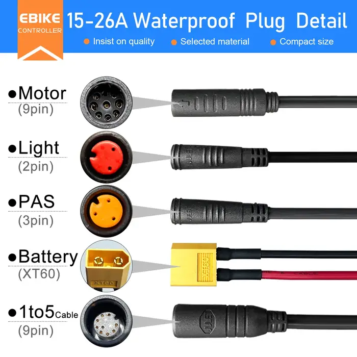 Contrôleur de vélo électrique KT 36V 48V 14A 26A 30A 35A étanche pour moteur brushless 250W-1500W 1T5 3 broches avec