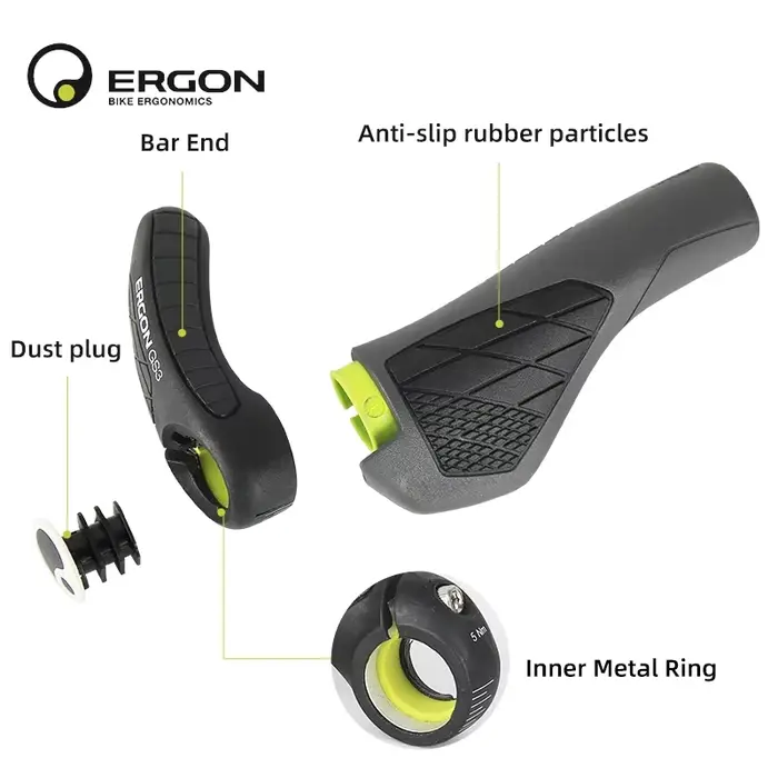 Poignées de vélo VTT Ergon GS3-L GS10EVO en caoutchouc souple et alliage d'aluminium antidérapantes avec bar-end 100mm et verrouillage 5Nm pour cyclisme montagne blanc jaune
