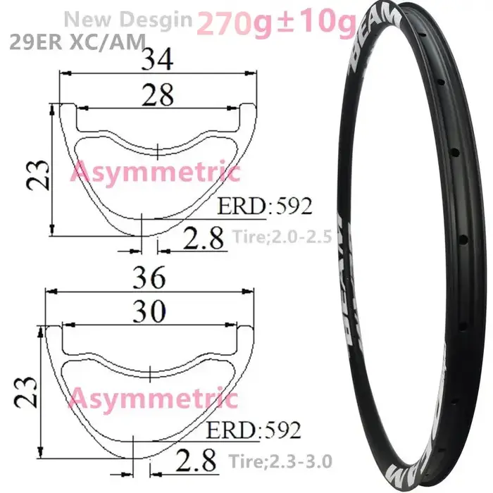 Jantes Carbonbeam neuves, seulement 270g, profondeur asymétrique 23mm, largeur 28mm, 30mm, 32mm, 29e