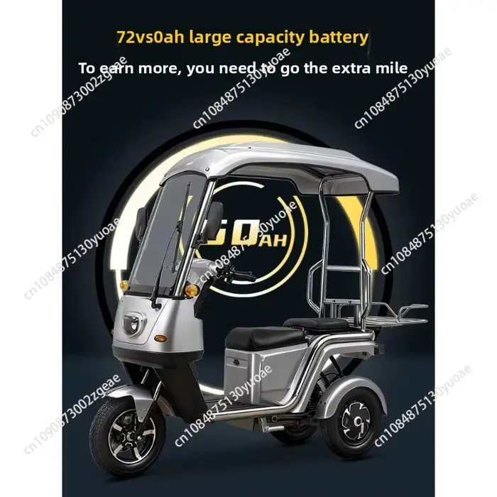 Tricycle électrique à 3 roues avec auvent pour livraison de nourriture scooter anti-basculement avec batterie au lithium 72V 50Ah bleu noir beige